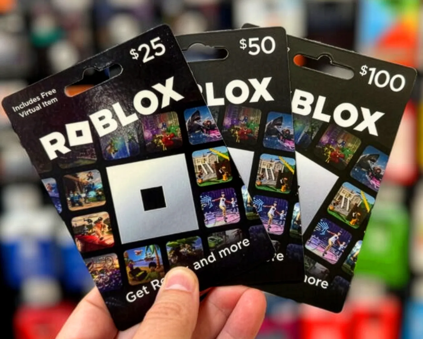 A Roblox gift card on a store rack