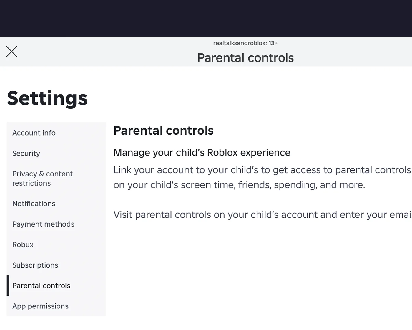 The Roblox parental controls settings page