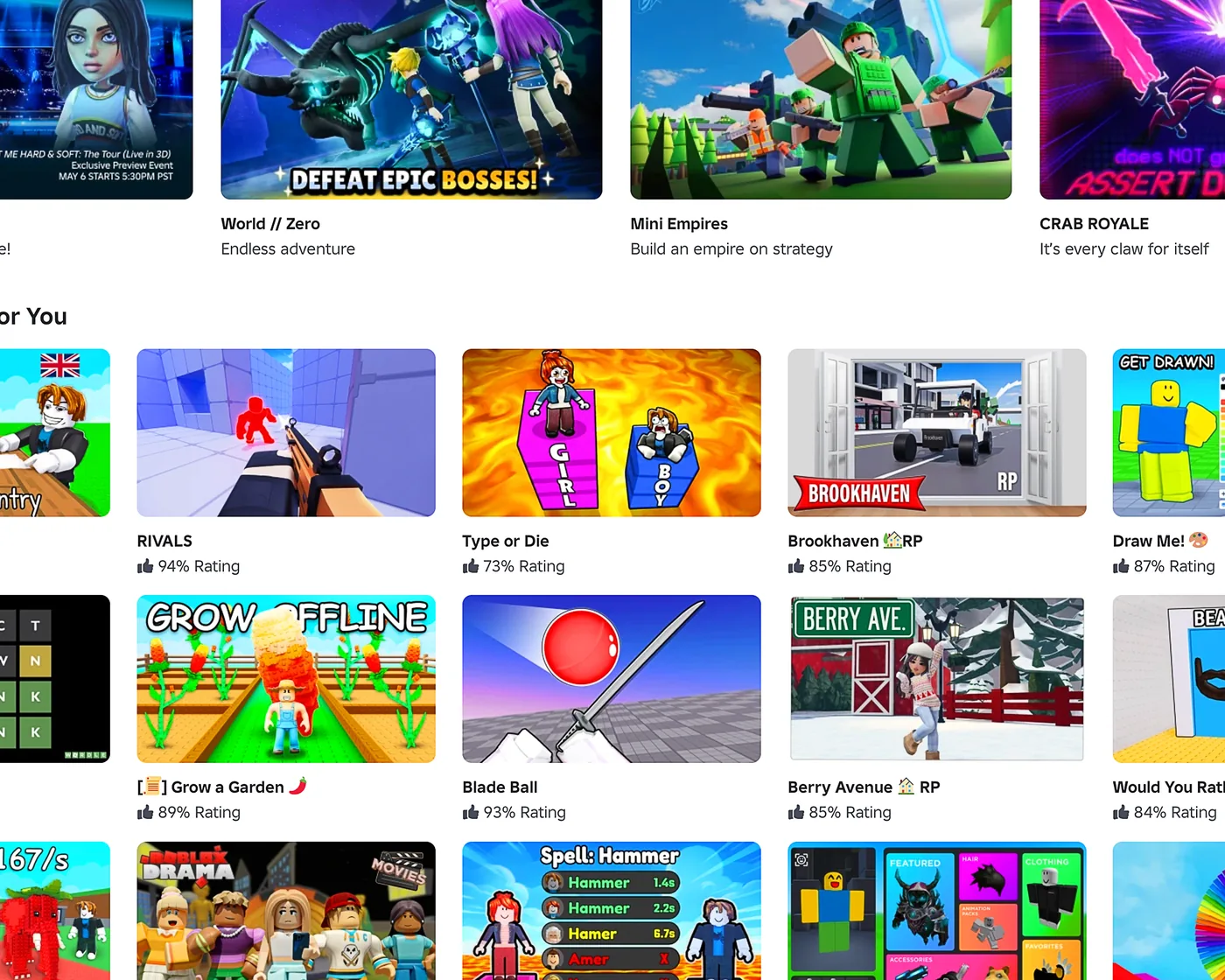 The Roblox discover page, a grid of experiences