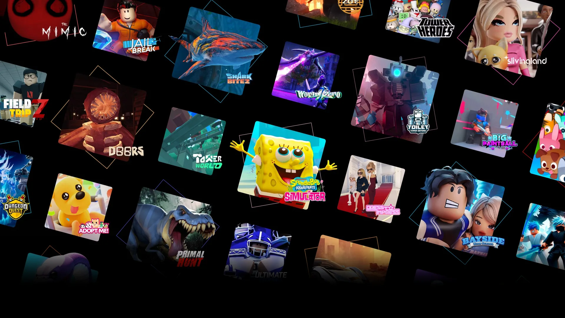 A tilted grid of popular Roblox experience icons, each with its own logo, on a black background.